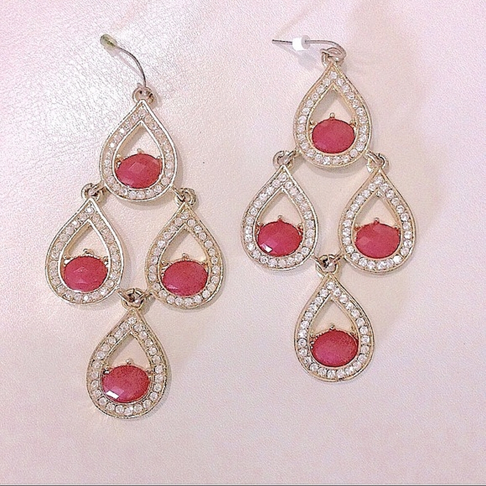 Chandelier Crystal Earrings Pink, Goldstone, 8”L